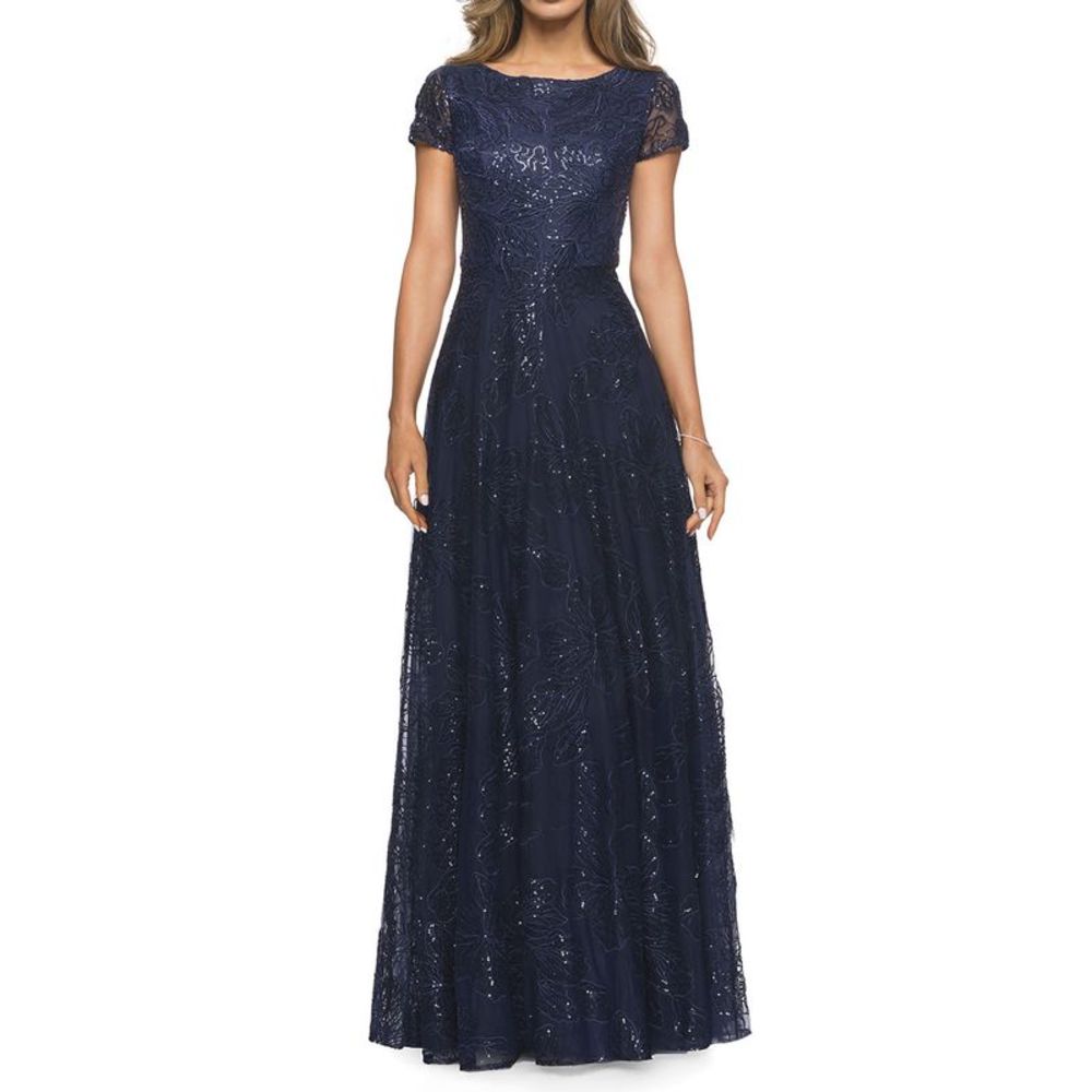 La Femme Womens Sequin Floral Sequin Lace A-Line Gown 10 Navy - NWT $550